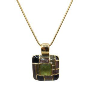 Olive Green Enamel & Facted Stone Square Pendant Chain Necklace Unsigned